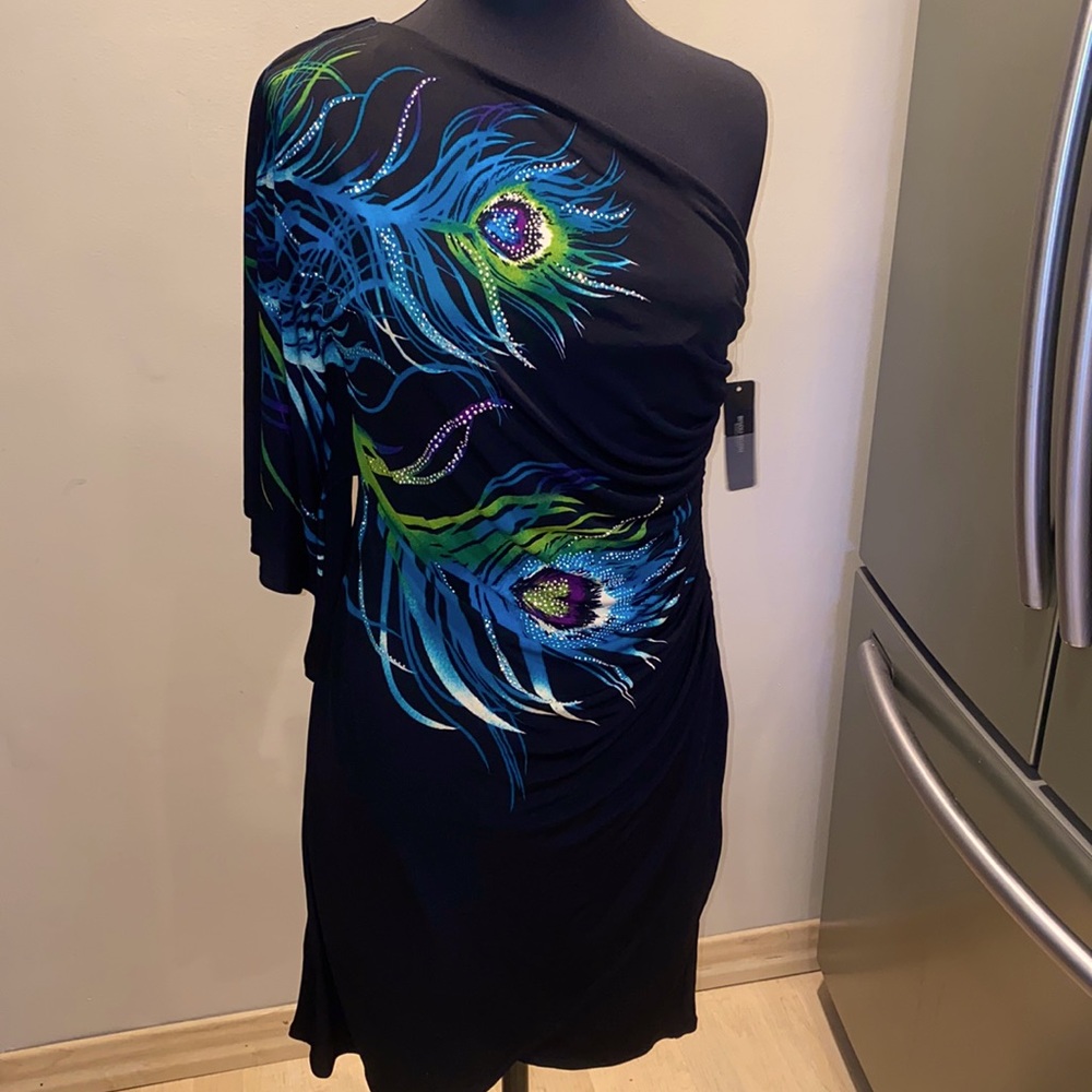 Peacock feather one shoulder dress